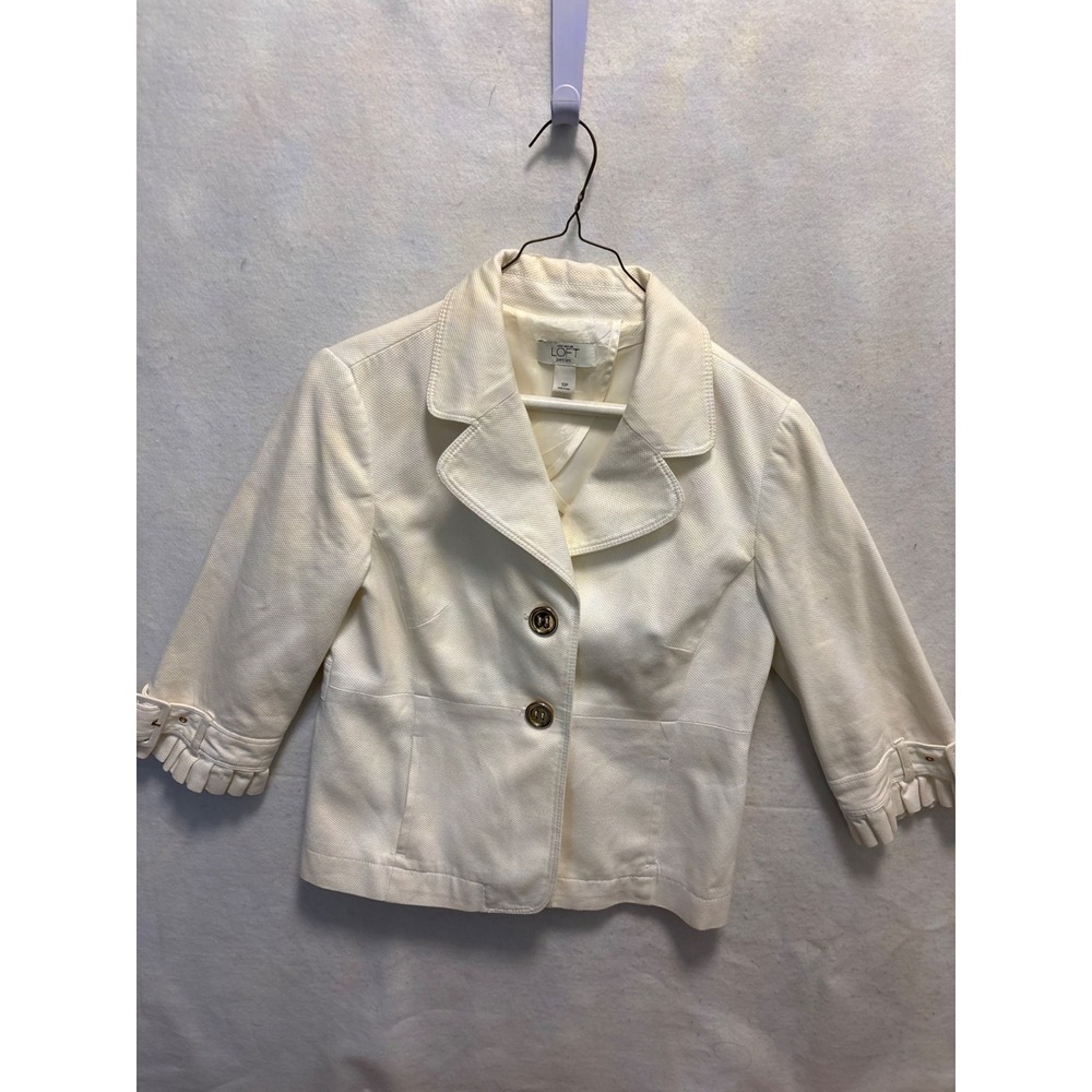 Ann Taylor‎ Loft Womens White Blazer Jacket 10P Petite Cotton Blend 3/4 Sleeve